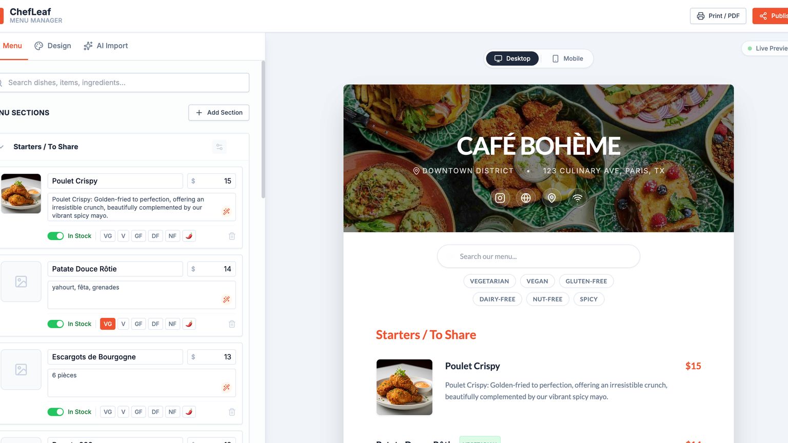 Professional restaurant menu design created with a restaurant menu maker tool