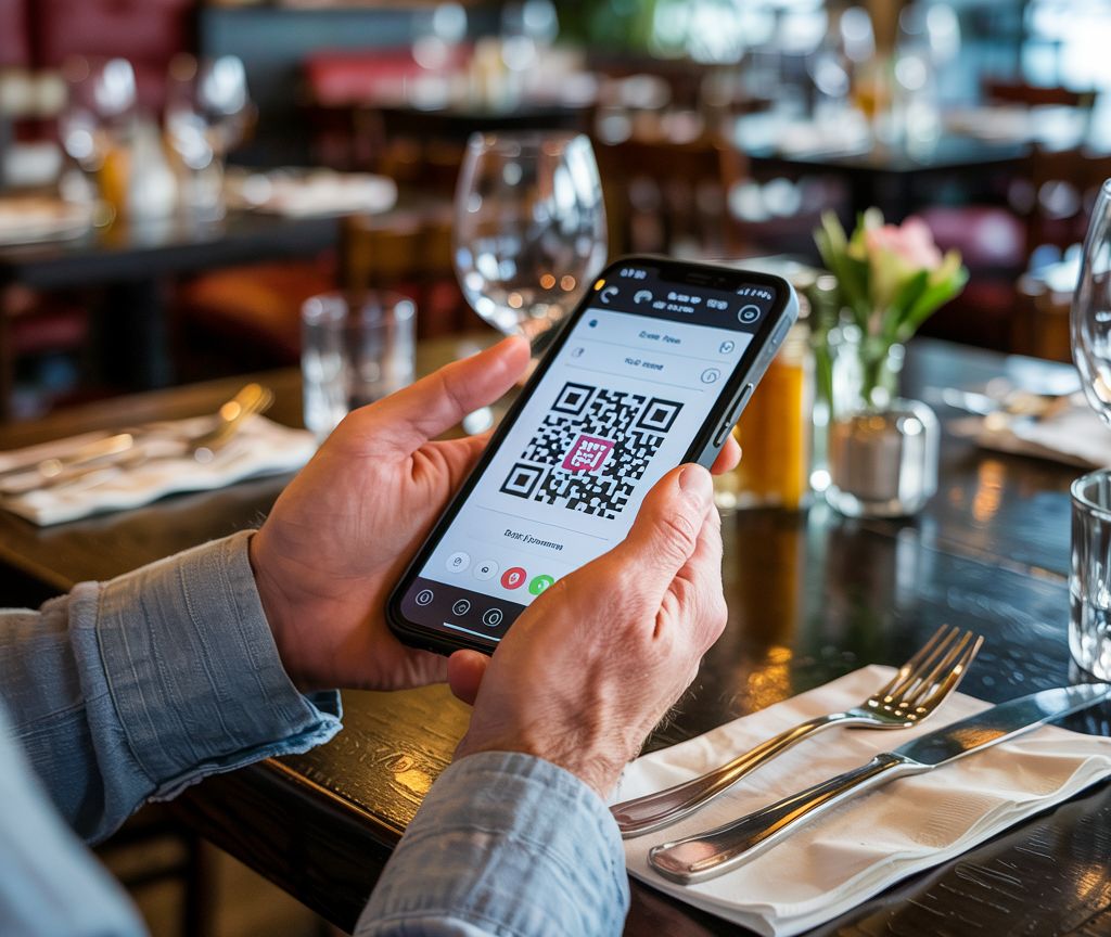 A guest scanning a QR code on a restaurant table to open the menu on their phone