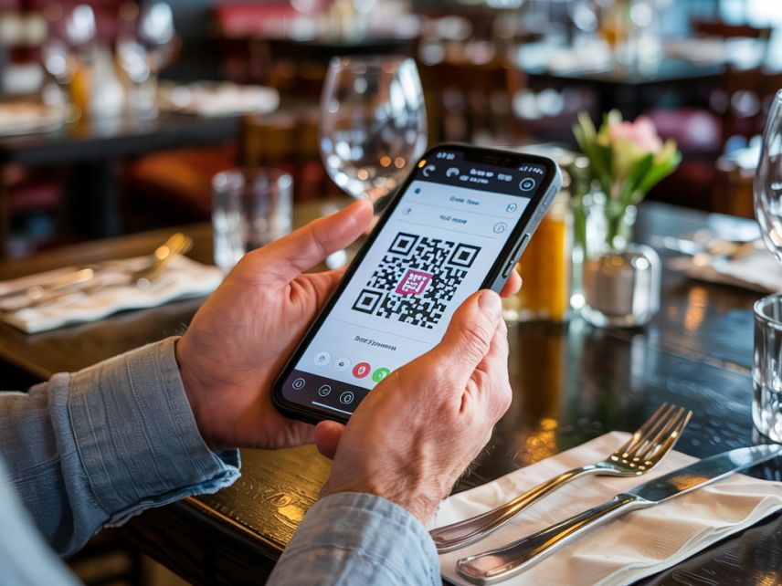 A guest scanning a QR code on a restaurant table to open the menu on their phone