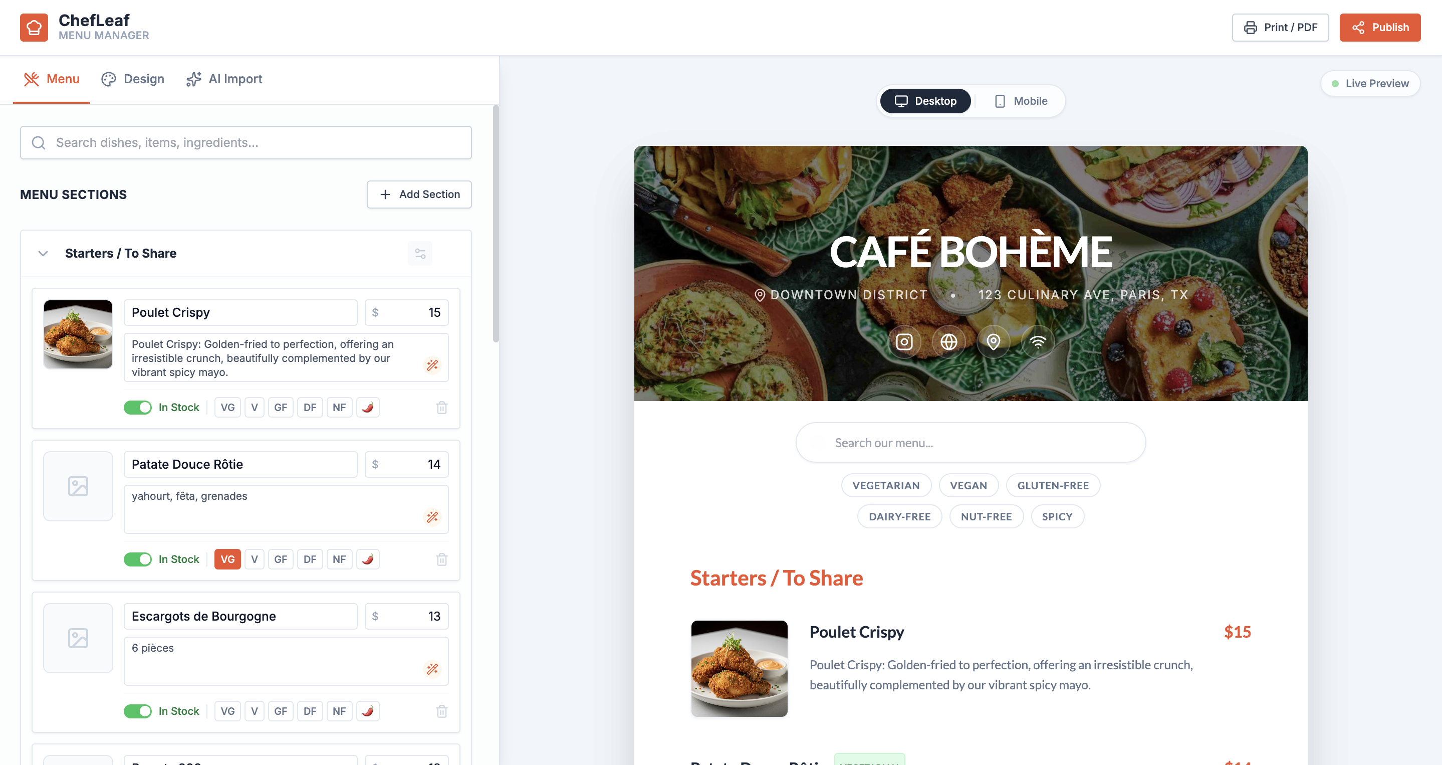 Professional restaurant menu design created with a restaurant menu maker tool