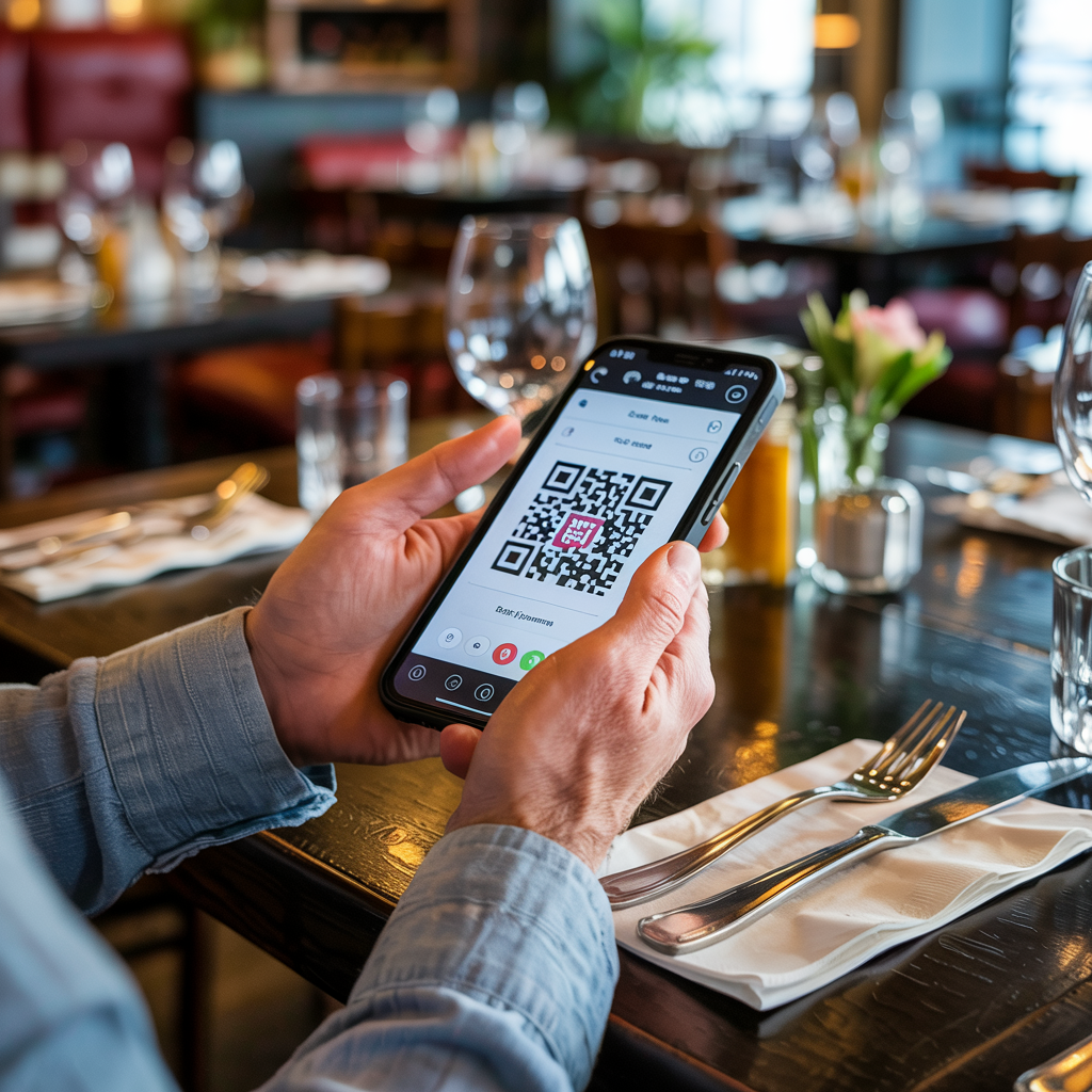 Customer scanning a QR code menu on a restaurant table with their smartphone
